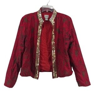 Chicos Red Silk Jacket Beaded Size 2 Statement Asian Artsy Eclectic‎ Unique Glam